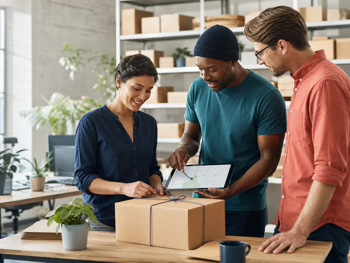 Logistics team reviewing a parcel route