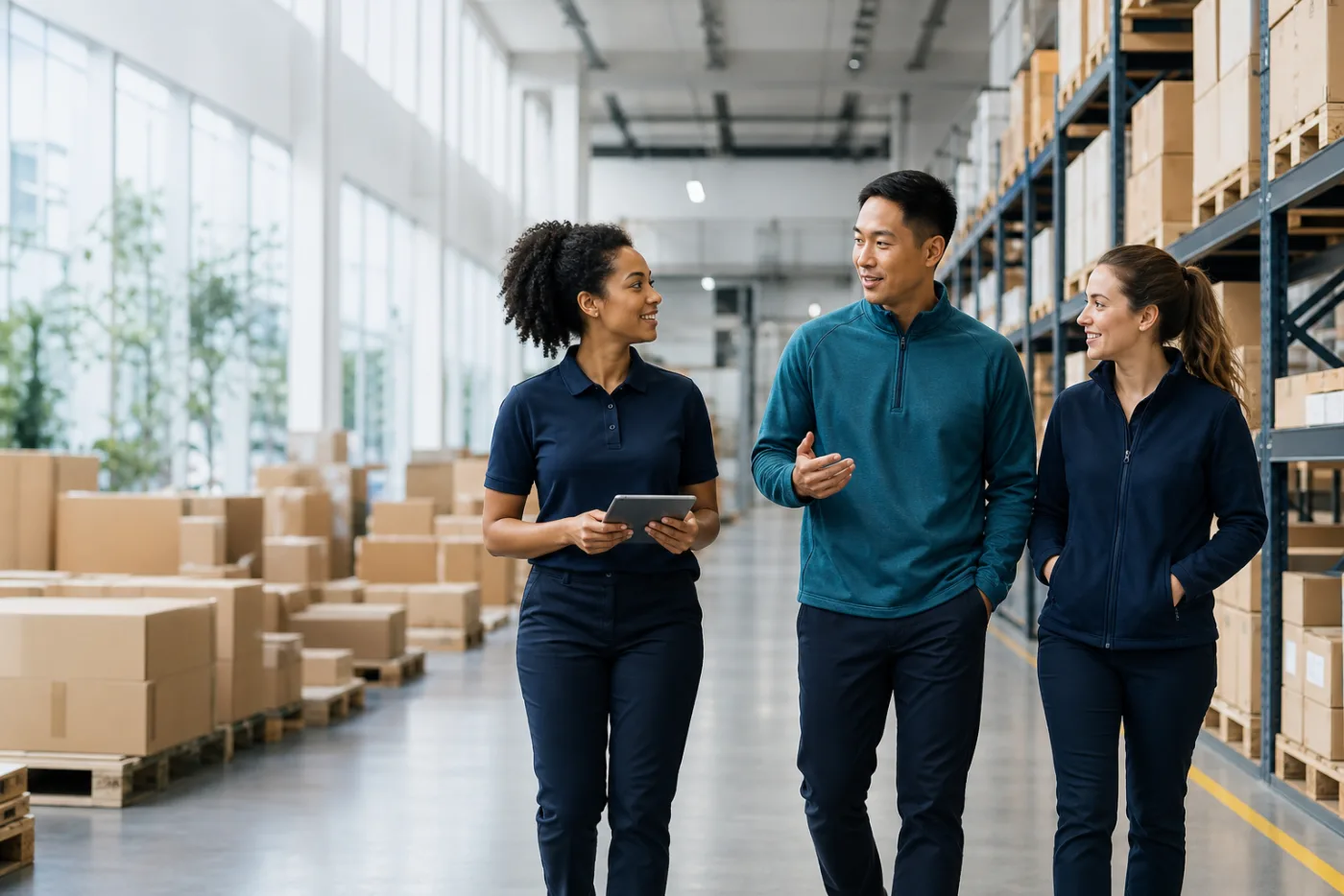 Logistics colleagues walking through a distribution center