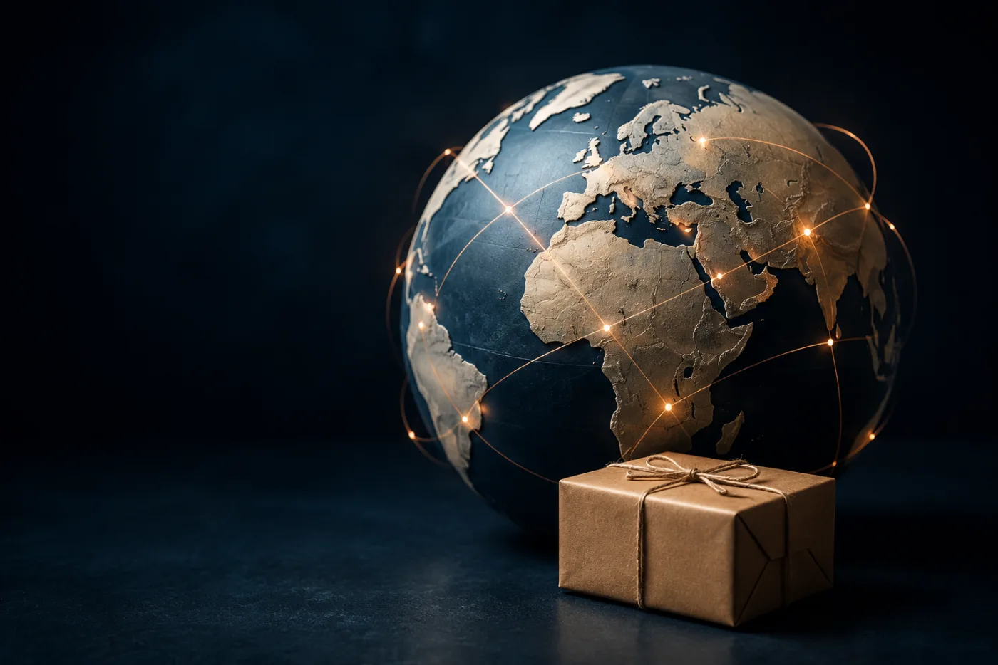 Globe with illuminated international parcel routes