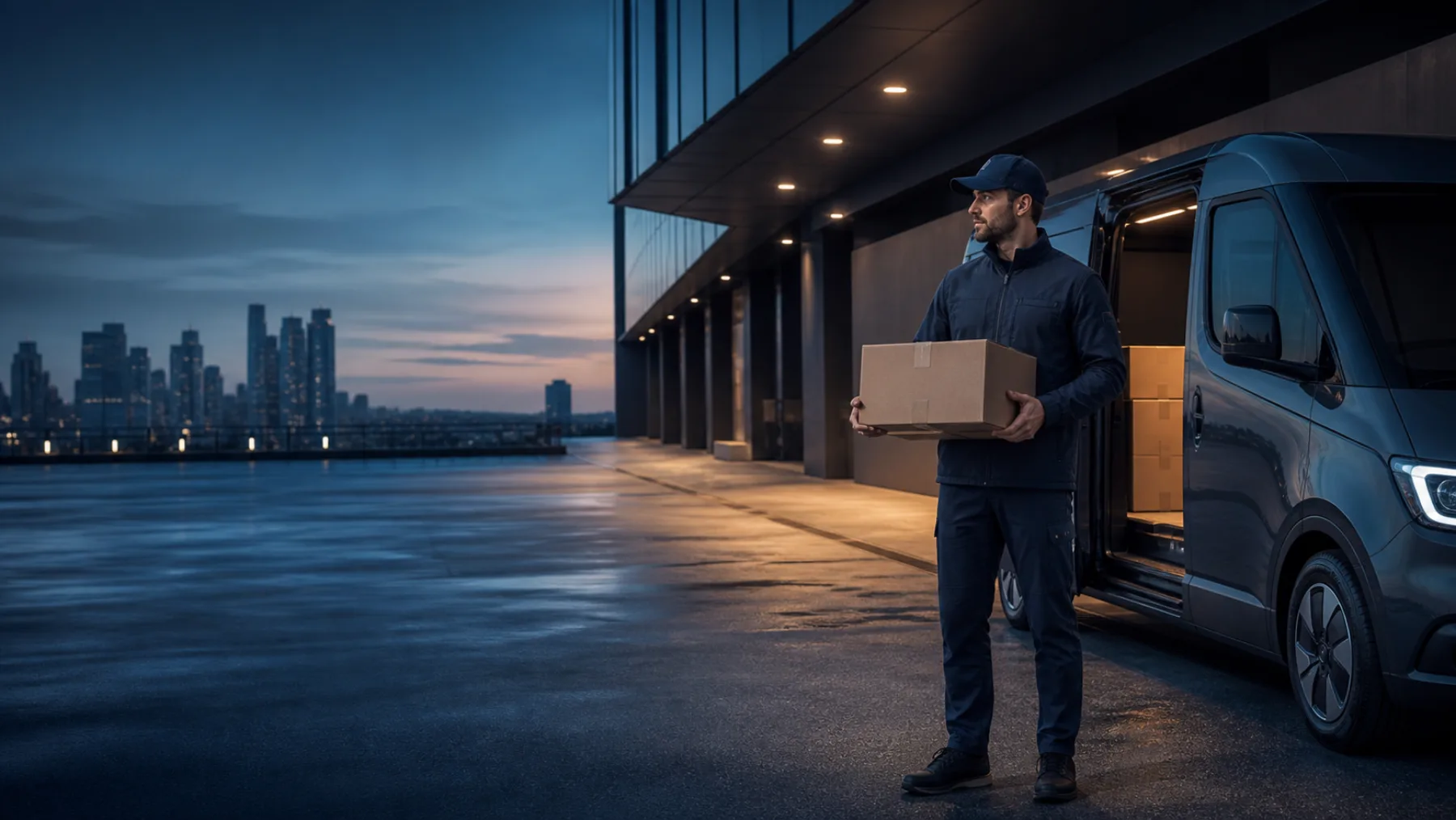 Courier preparing a parcel beside a delivery vehicle