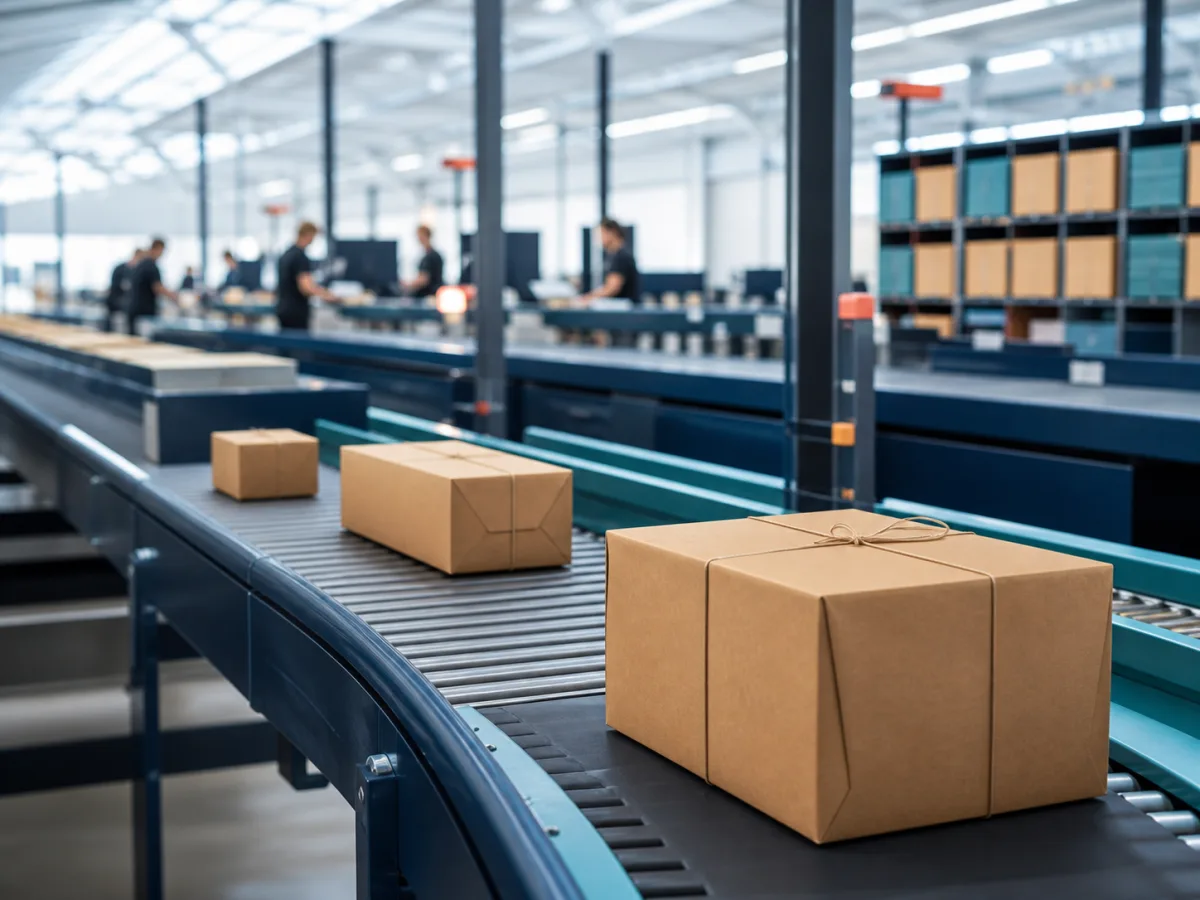 Parcels moving through a modern sorting center